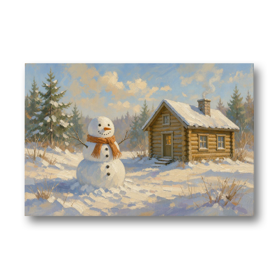 Snowman at the Log Cabin with Chimney Smoke - Canvas Wall Art - Front