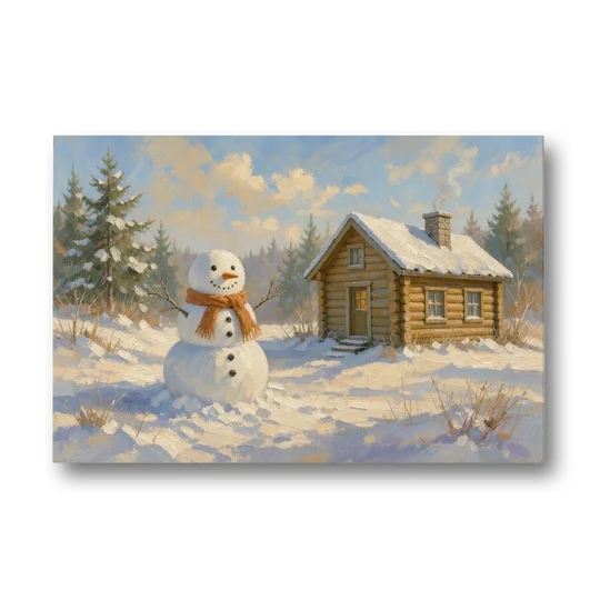 Snowman at the Log Cabin with Chimney Smoke - Canvas Wall Art - Front