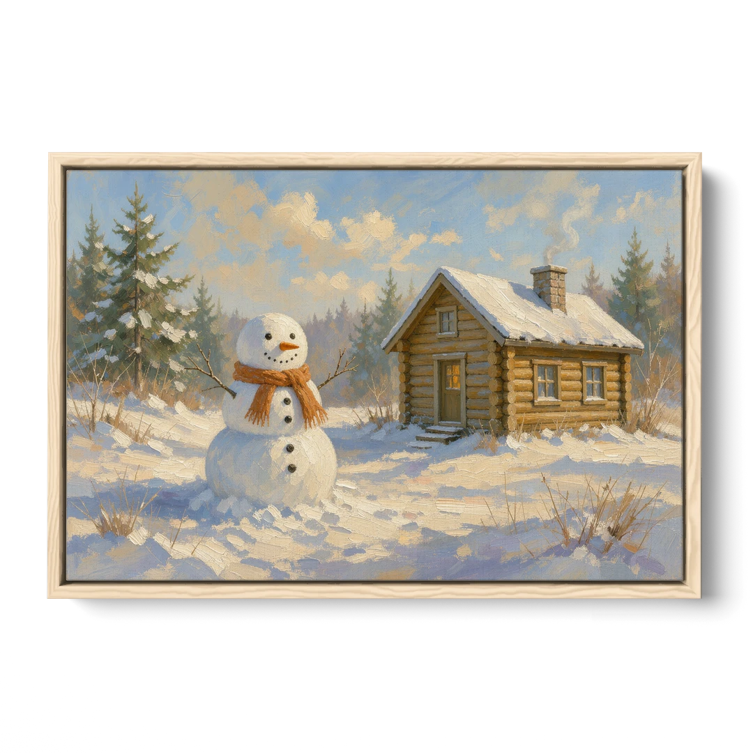 Snowman at the Log Cabin with Chimney Smoke - Oak Framed Canvas Wall Art - Front