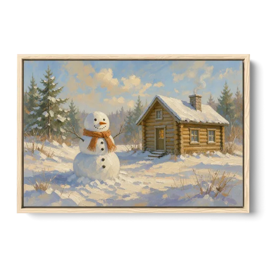 Snowman at the Log Cabin with Chimney Smoke - Oak Framed Canvas Wall Art - Front