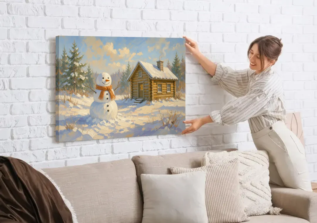 Snowman at the Log Cabin with Chimney Smoke canvas wall art being hung on a white brick wall above a sofa