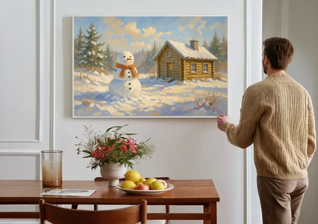 Snowman at the Log Cabin with Chimney Smoke canvas wall art above a dining table