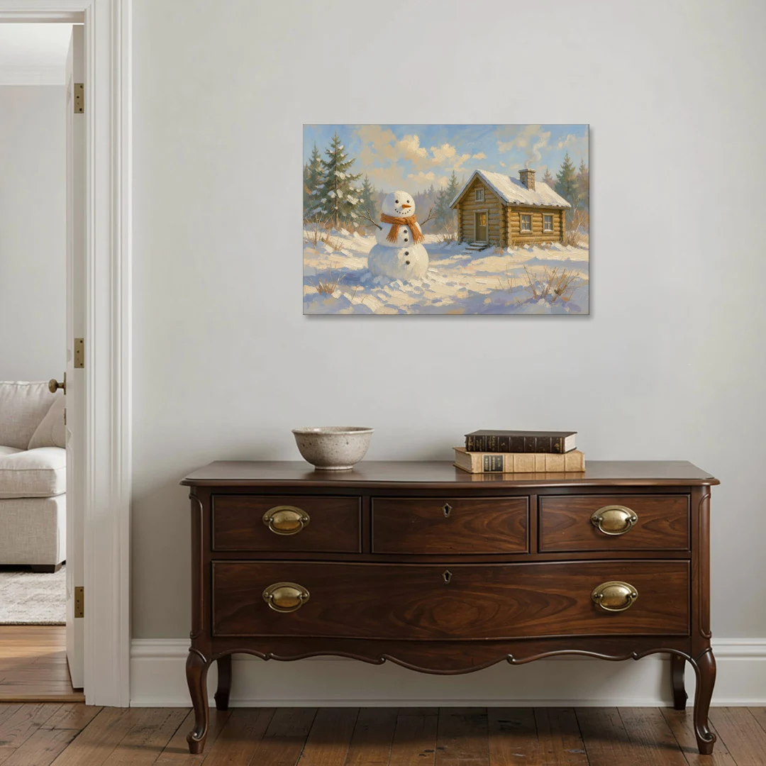 Snowman at the Log Cabin with Chimney Smoke - Canvas Wall Art - Coffee Table - 36x24
