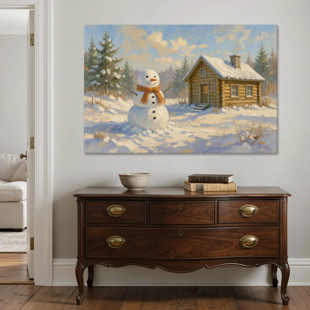 Snowman at the Log Cabin with Chimney Smoke - Canvas Wall Art - Coffee Table - 60x40