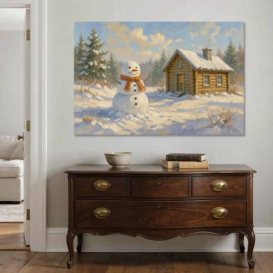 Snowman at the Log Cabin with Chimney Smoke - Canvas Wall Art - Coffee Table - 60x40