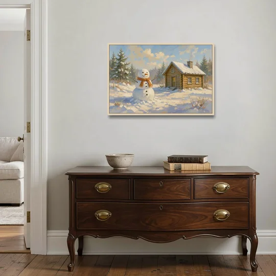 Snowman at the Log Cabin with Chimney Smoke - Oak Framed Canvas Wall Art - Coffee Table - 36x24