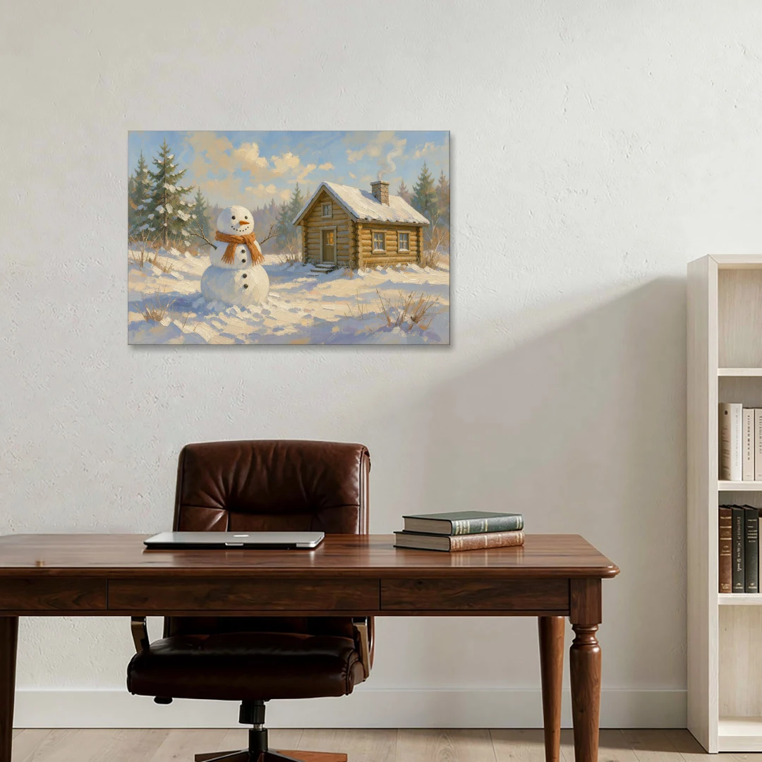 Snowman at the Log Cabin with Chimney Smoke - Canvas Wall Art - Office - 36x24