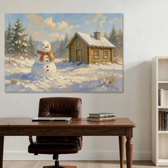 Snowman at the Log Cabin with Chimney Smoke - Canvas Wall Art - Office - 60x40