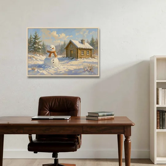 Snowman at the Log Cabin with Chimney Smoke - Oak Framed Canvas Wall Art - Office - 36x24