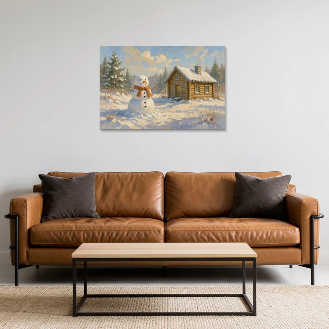 Snowman at the Log Cabin with Chimney Smoke - Canvas Wall Art - Sofa - 36x24
