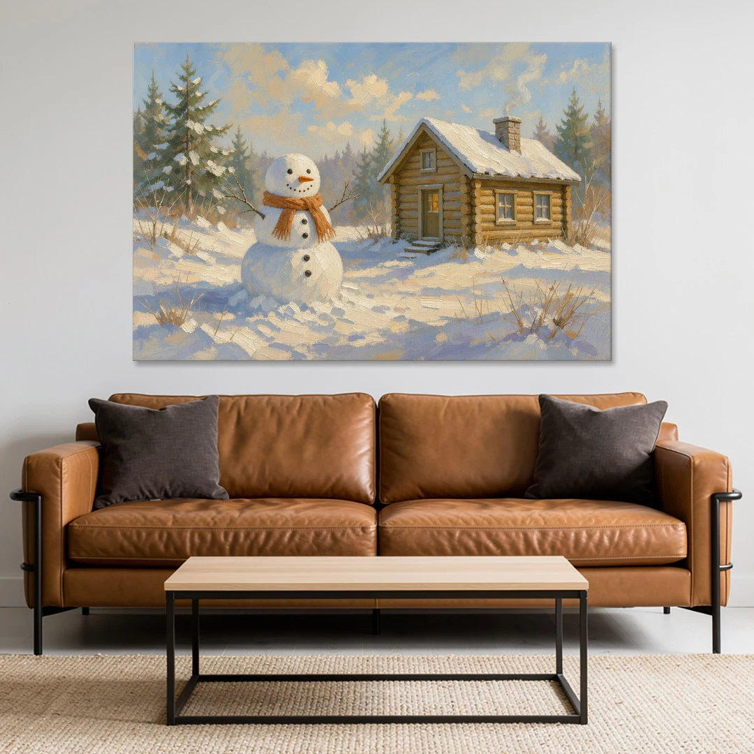 Snowman at the Log Cabin with Chimney Smoke - Canvas Wall Art - Sofa - 60x40