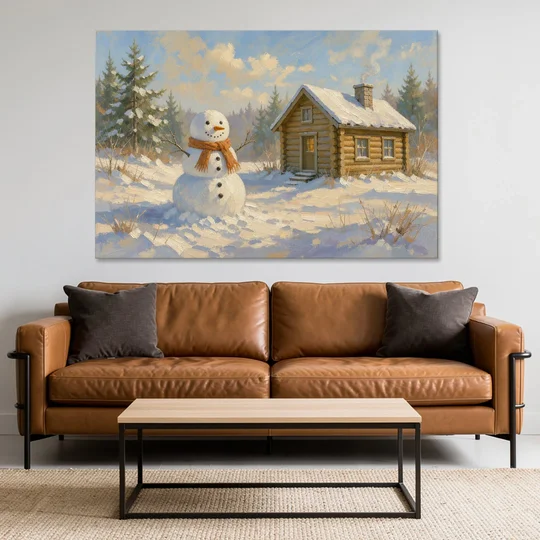 Snowman at the Log Cabin with Chimney Smoke - Canvas Wall Art - Sofa - 60x40