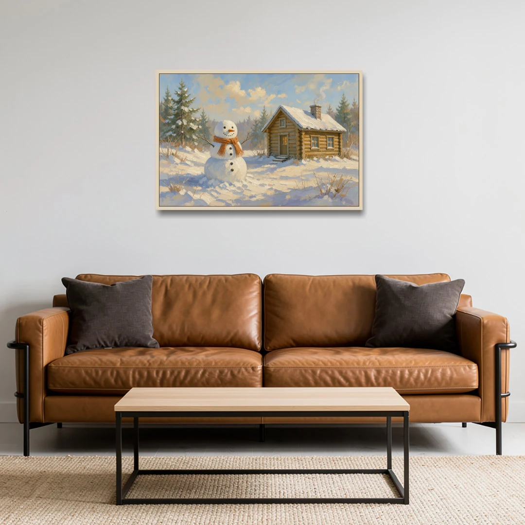Snowman at the Log Cabin with Chimney Smoke - Oak Framed Canvas Wall Art - Sofa - 36x24