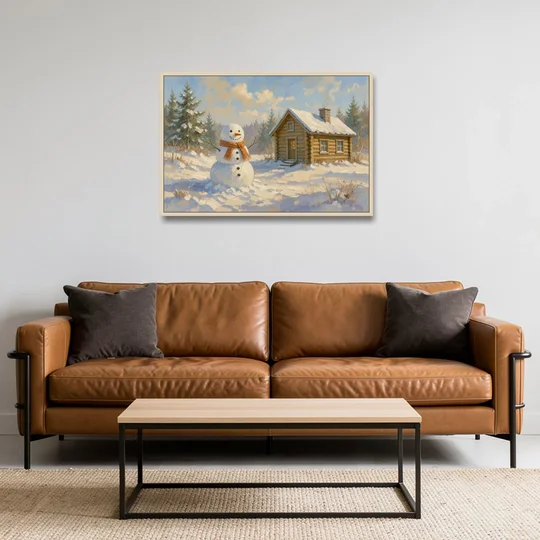 Snowman at the Log Cabin with Chimney Smoke - Oak Framed Canvas Wall Art - Sofa - 36x24