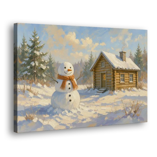 Snowman at the Log Cabin with Chimney Smoke - Canvas Wall Art - Side