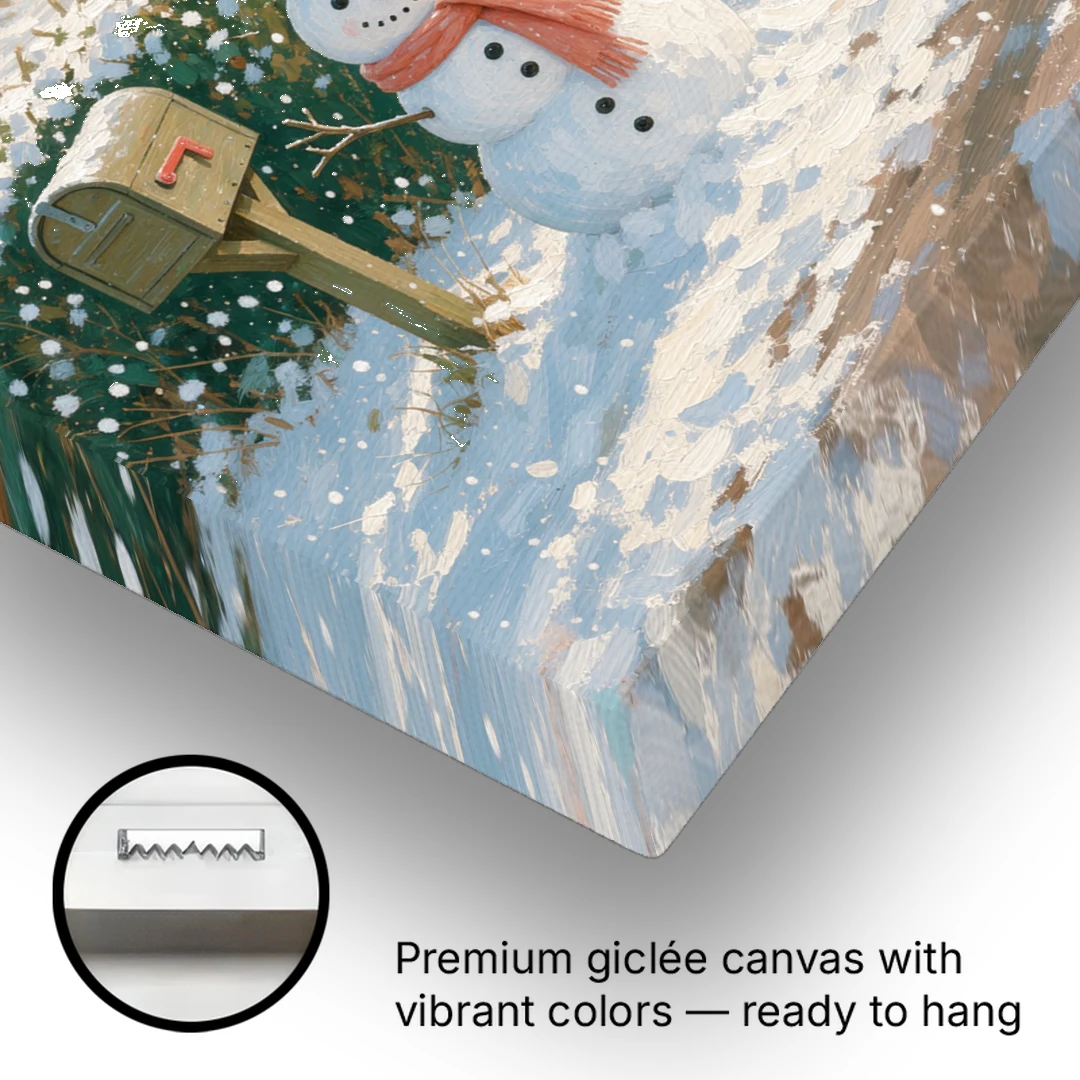Winter Snowman at the Picket Gate - Canvas Wall Art - Gallery Wrap Corner