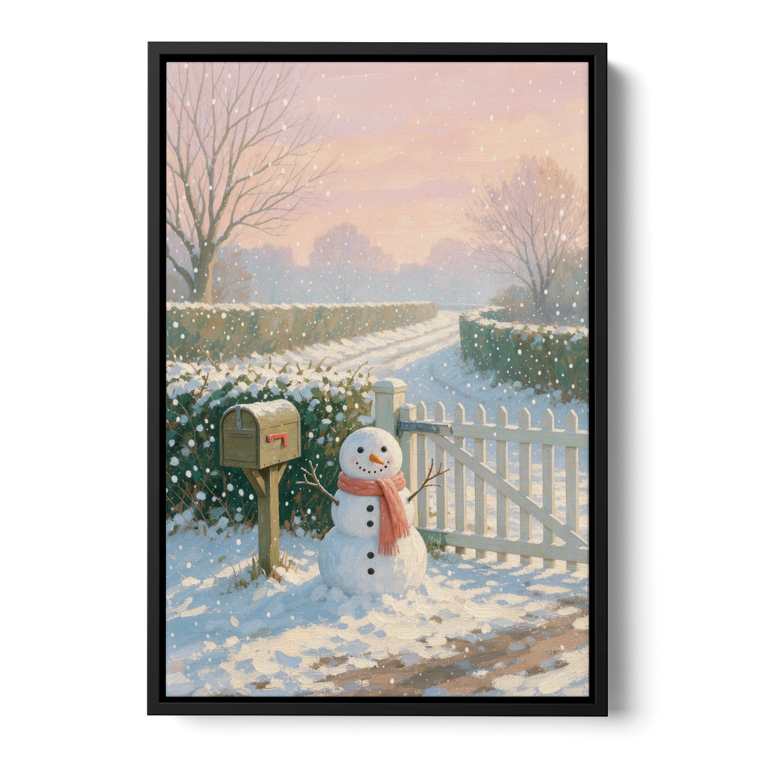 Winter Snowman at the Picket Gate - Black Framed Canvas Wall Art - Front