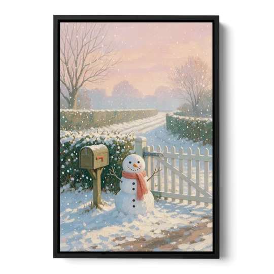 Winter Snowman at the Picket Gate - Black Framed Canvas Wall Art - Front