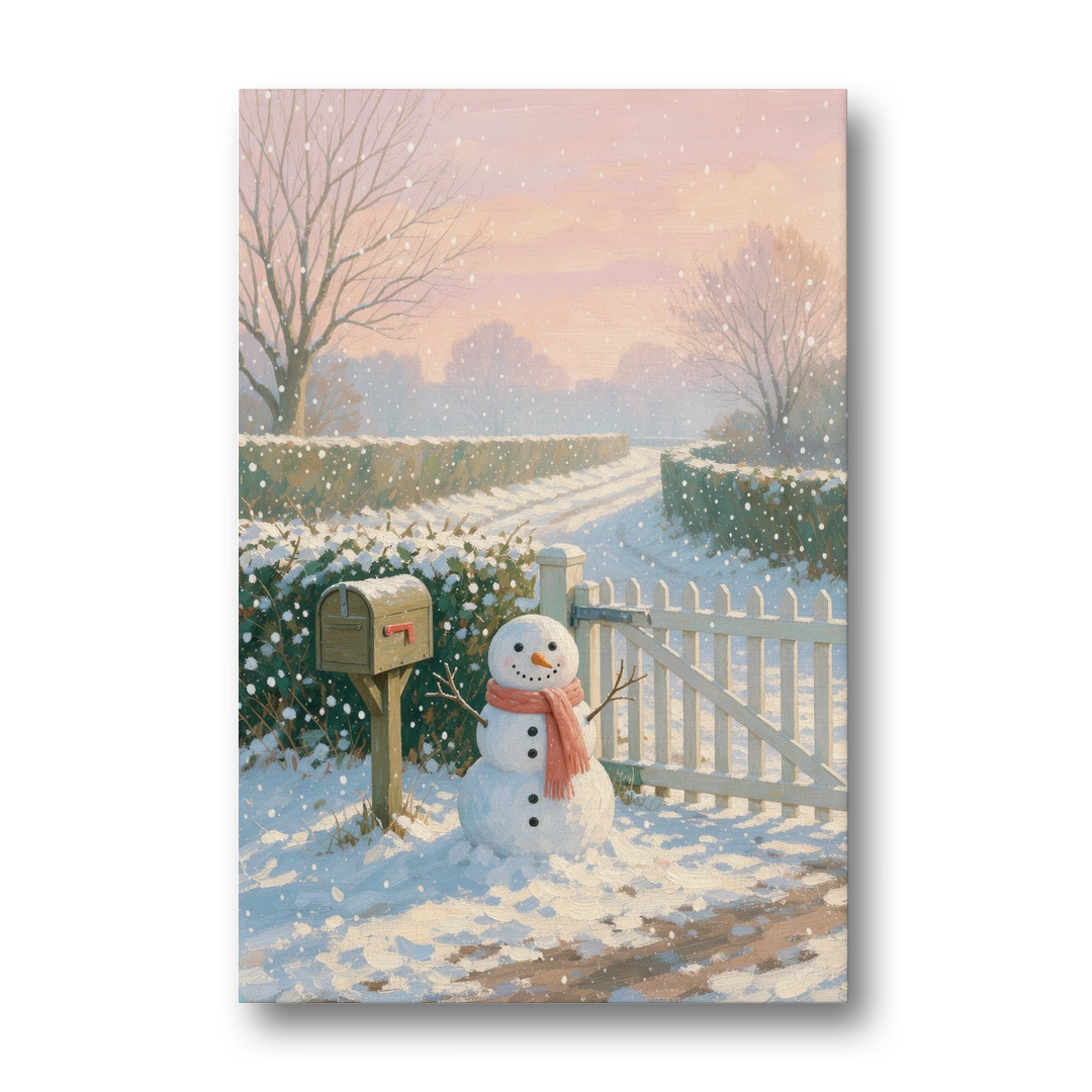 Winter Snowman at the Picket Gate - Canvas Wall Art - Front