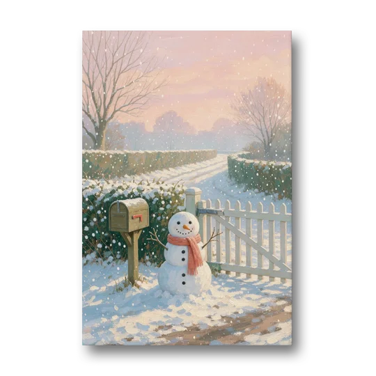 Winter Snowman at the Picket Gate - Canvas Wall Art - Front