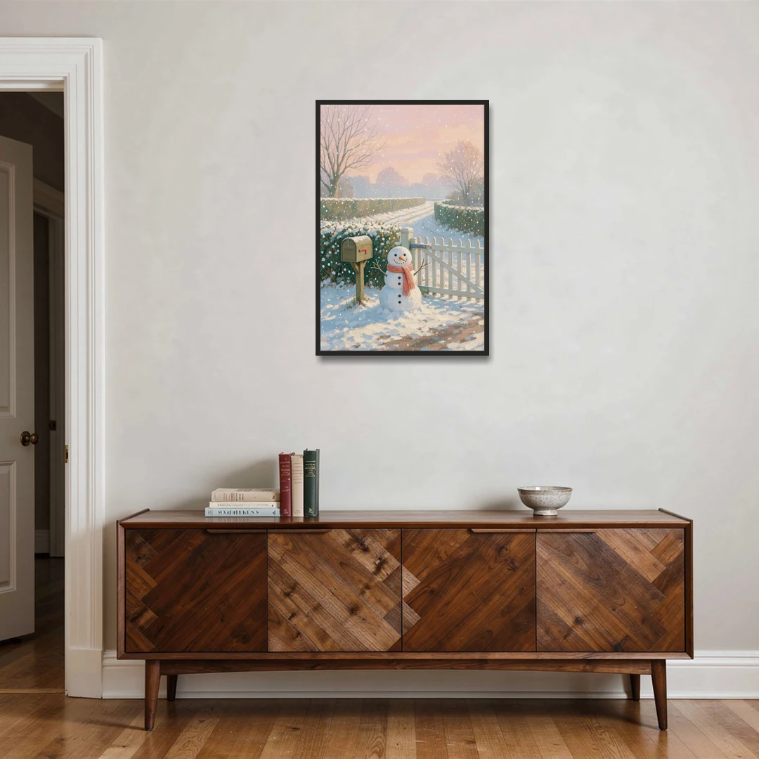 Winter Snowman at the Picket Gate - Black Framed Canvas Wall Art - Coffee Table - 24x36