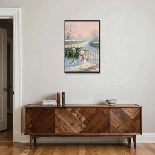 Winter Snowman at the Picket Gate - Black Framed Canvas Wall Art - Coffee Table - 24x36