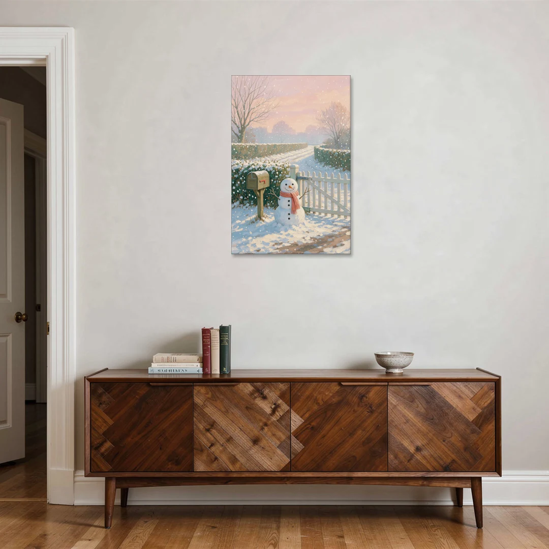 Winter Snowman at the Picket Gate - Canvas Wall Art - Coffee Table - 24x36