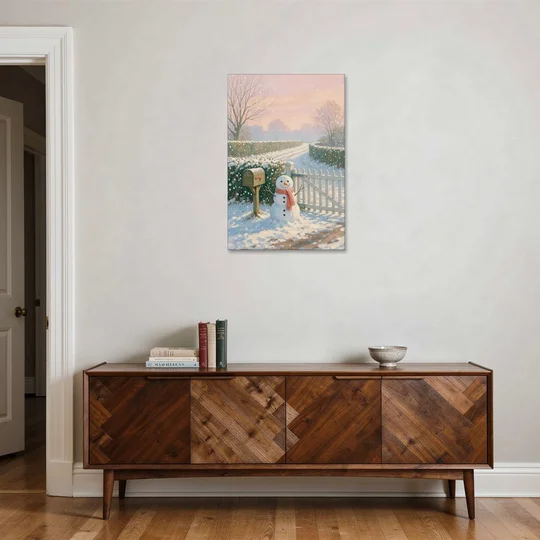 Winter Snowman at the Picket Gate - Canvas Wall Art - Coffee Table - 24x36