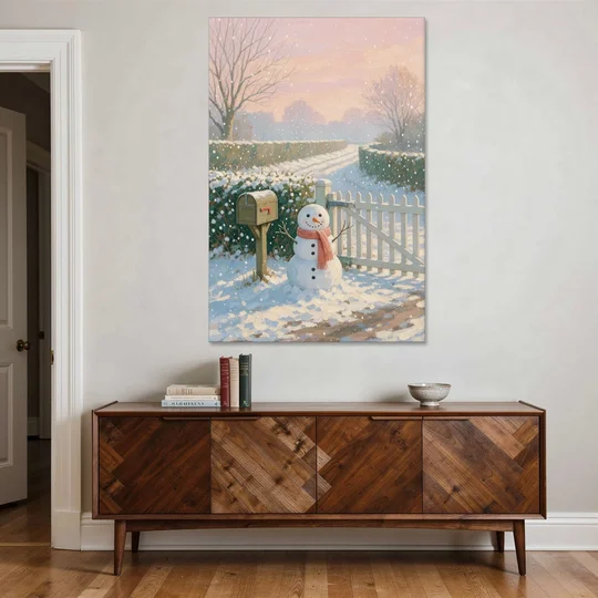 Winter Snowman at the Picket Gate - Canvas Wall Art - Coffee Table - 40x60