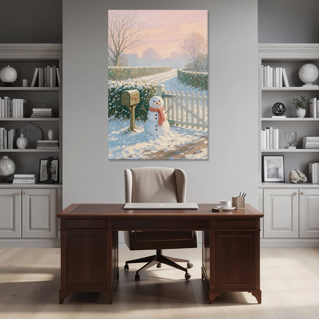 Winter Snowman at the Picket Gate - Canvas Wall Art - Office - 40x60