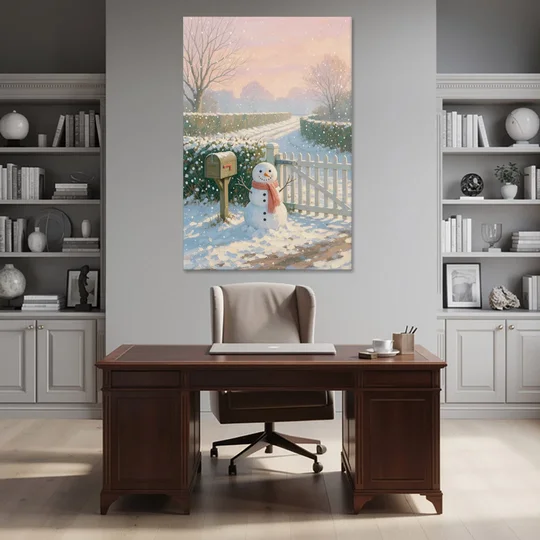 Winter Snowman at the Picket Gate - Canvas Wall Art - Office - 40x60