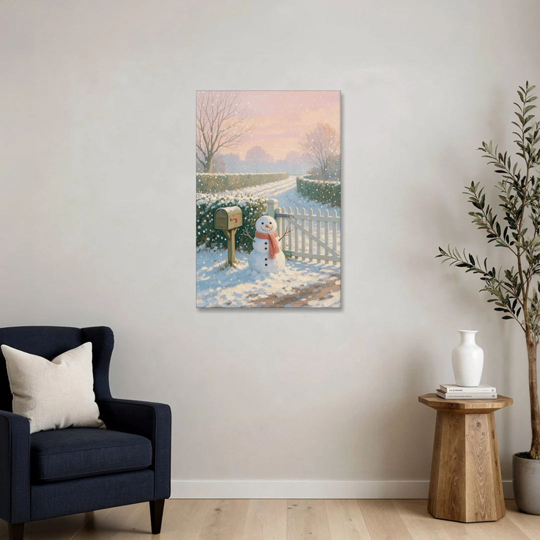 Winter Snowman at the Picket Gate - Canvas Wall Art - Sofa - 24x36