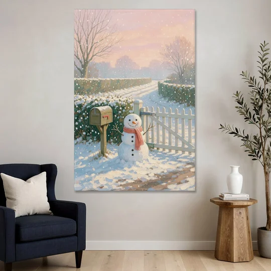 Winter Snowman at the Picket Gate - Canvas Wall Art - Sofa - 40x60