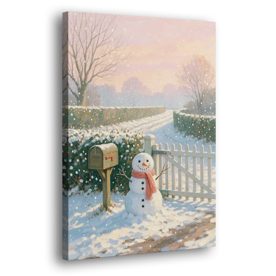 Winter Snowman at the Picket Gate - Canvas Wall Art - Side