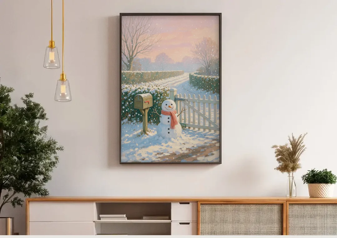 Winter Snowman at the Picket Gate canvas wall art above a wooden sideboard under pendant lights