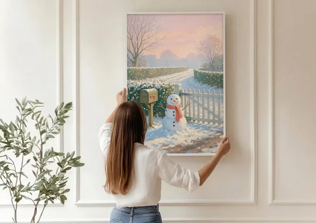 Winter Snowman at the Picket Gate canvas wall art being hung on a paneled wall
