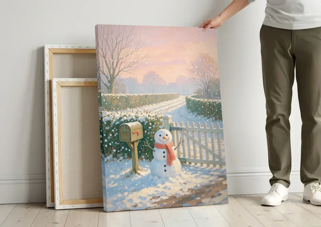 Winter Snowman at the Picket Gate canvas wall art leaning against a wall next to blank canvases