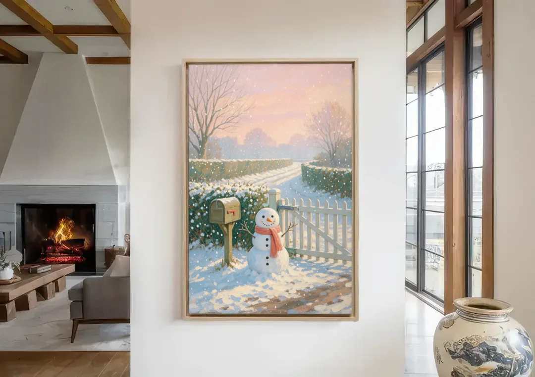 Winter Snowman at the Picket Gate canvas wall art in a living room with a fireplace
