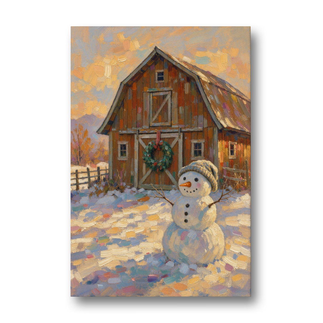 Snowman by the Red Barn with Wreath - Canvas Wall Art - Front