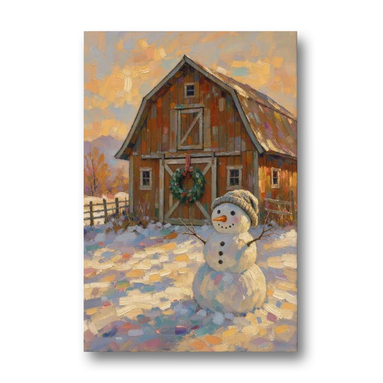 Snowman by the Red Barn with Wreath - Canvas Wall Art - Front