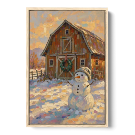 Snowman by the Red Barn with Wreath - Oak Framed Canvas Wall Art - Front