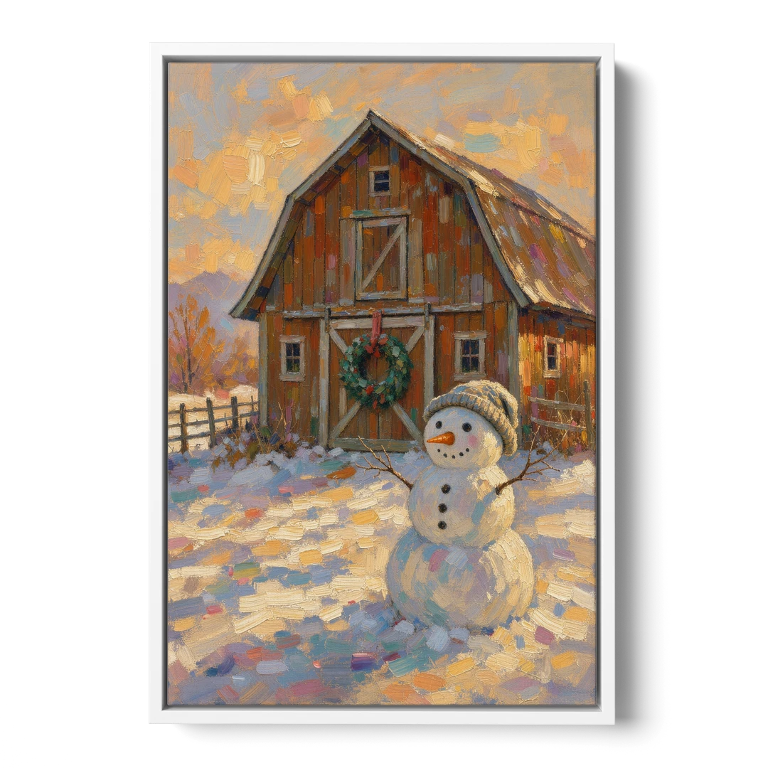 Snowman by the Red Barn with Wreath - White Framed Canvas Wall Art - Front