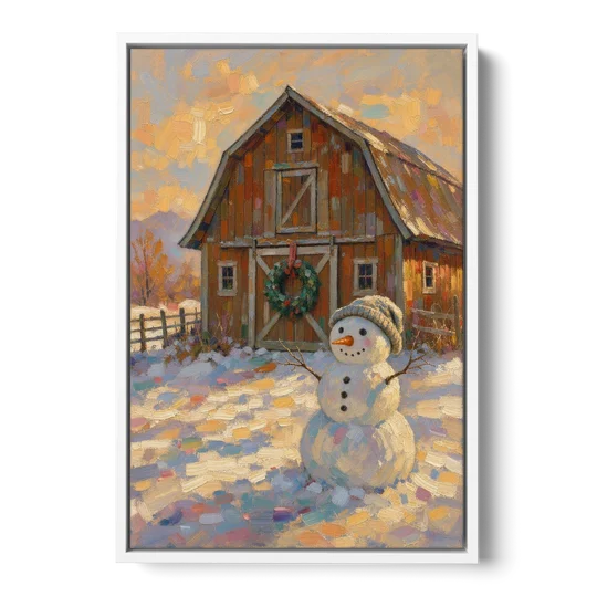 Snowman by the Red Barn with Wreath - White Framed Canvas Wall Art - Front