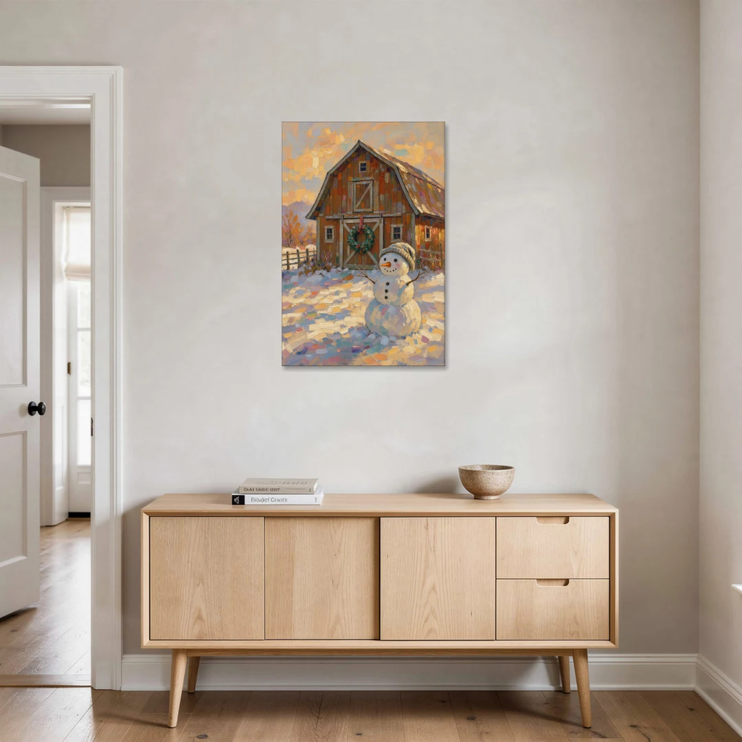 Snowman by the Red Barn with Wreath - Canvas Wall Art - Coffee Table - 24x36