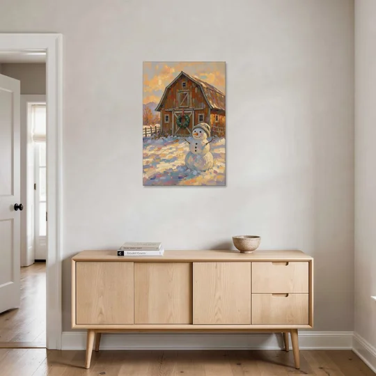 Snowman by the Red Barn with Wreath - Canvas Wall Art - Coffee Table - 24x36