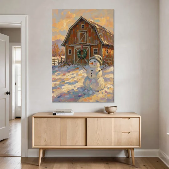 Snowman by the Red Barn with Wreath - Canvas Wall Art - Coffee Table - 40x60
