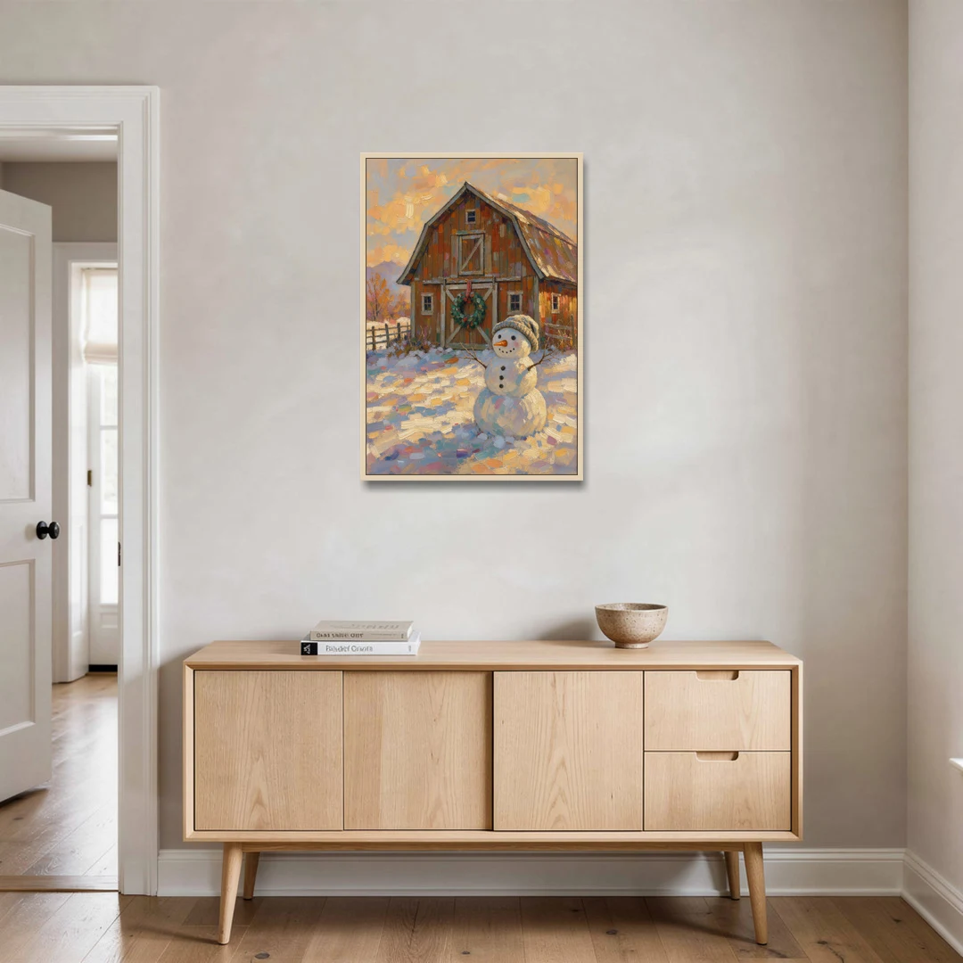Snowman by the Red Barn with Wreath - Oak Framed Canvas Wall Art - Coffee Table - 24x36