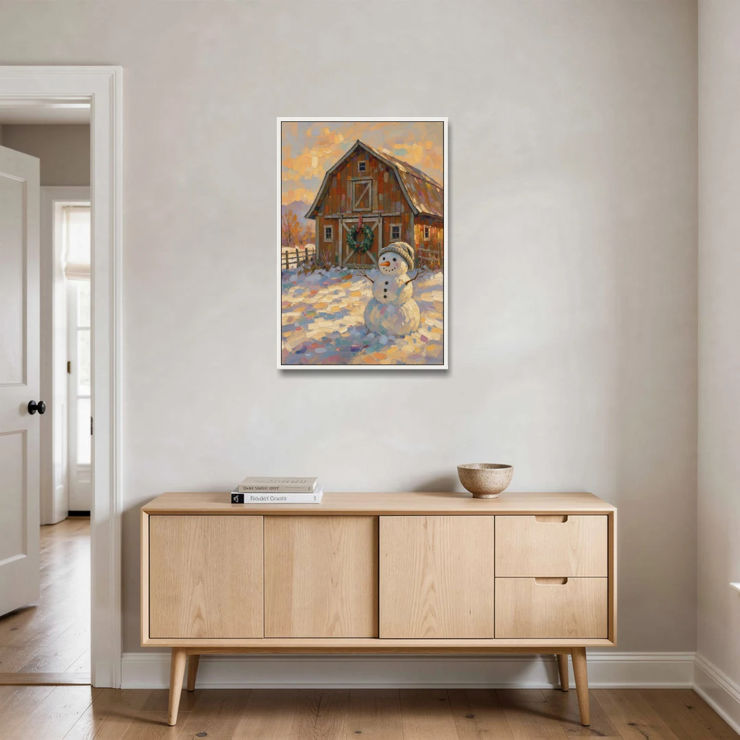 Snowman by the Red Barn with Wreath - White Framed Canvas Wall Art - Coffee Table - 24x36