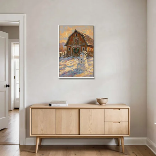 Snowman by the Red Barn with Wreath - White Framed Canvas Wall Art - Coffee Table - 24x36