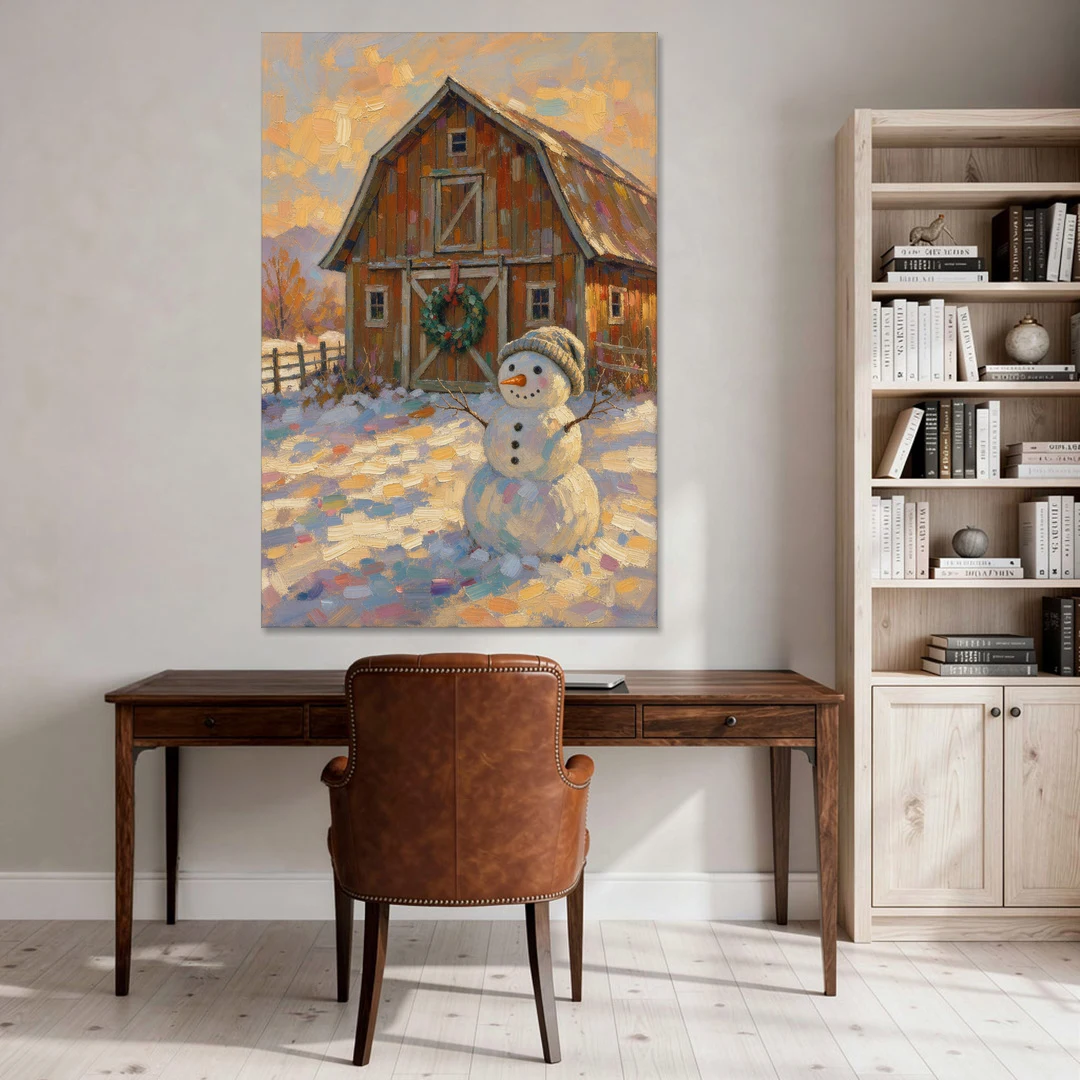 Snowman by the Red Barn with Wreath - Canvas Wall Art - Office - 40x60